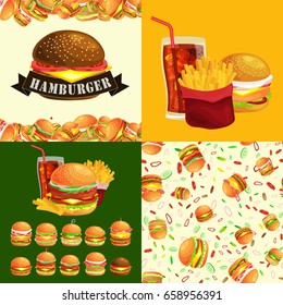 Set of burger grilled beef and fresh vegetables dressed with sauce bun for snack, american fast food barbecue meat meal with bread tomato cheese, Hamburger vector illustration background