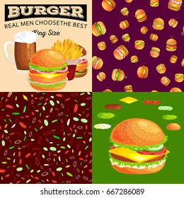 Set of burger grilled beef and fresh vegetables dressed with sauce bun for snack, american fast food barbecue meat meal with bread tomato cheese, Hamburger vector illustration background