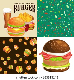 Set of burger grilled beef and fresh vegetables dressed with sauce bun for snack, american fast food barbecue meat meal with bread tomato cheese, Hamburger vector illustration background