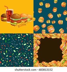 Set of burger grilled beef and fresh vegetables dressed with sauce bun for snack, american fast food barbecue meat meal with bread tomato cheese, Hamburger vecor illustration background