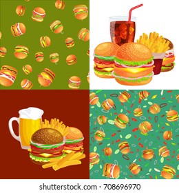 Set of burger grilled beef and fresh vegetables dressed with sauce bun snack american fastfood barbecue meat meal Hamburger with detailed flying slices of menu ingredients vecor illustration
