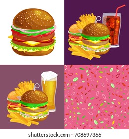 Set of burger grilled beef and fresh vegetables dressed with sauce bun snack american fastfood barbecue meat meal Hamburger with detailed flying slices of menu ingredients vecor illustration