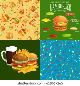 Set of burger grilled beef vegetables dressed with sauce bun snack, hamburger fast food meal barbecue meat with detailed individual flying slices menu ingredients vector illustration background