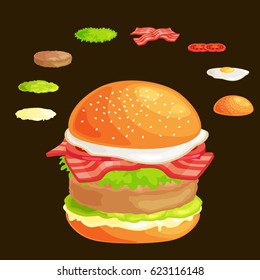 Set of burger grilled beef vegetables dressed with sauce bun snack, hamburger fast food meal barbecue meat with detailed individual flying slices menu ingredients vector illustration background