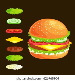 Set of burger grilled beef vegetables dressed with sauce bun snack, hamburger fast food meal barbecue meat with detailed individual flying slices menu ingredients vector illustration background
