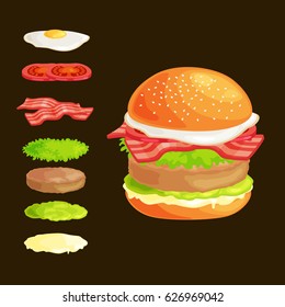 Set of burger grilled beef vegetables dressed with sauce bun snack, hamburger fast food meal barbecue meat with detailed individual flying slices menu ingredients vector illustration background