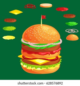 Set of burger grilled beef vegetables dressed with sauce bun snack, hamburger fast food meal barbecue meat with detailed individual flying slices menu ingredients vector illustration background