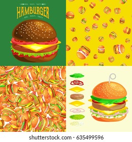 Set of burger grilled beef vegetables dressed with sauce bun snack, hamburger fast food meal barbecue meat with detailed individual flying slices menu ingredients vector illustration background