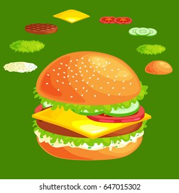 Set of burger grilled beef vegetables dressed with sauce bun snack, hamburger fast food meal barbecue meat with detailed individual flying slices menu ingredients illustration background