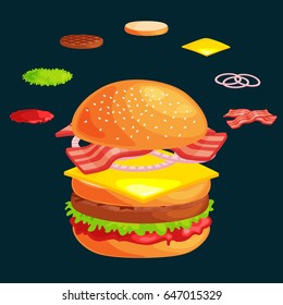 Set of burger grilled beef vegetables dressed with sauce bun, fast food meal with detailed individual flying slices menu ingredients vector illustration background