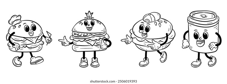 Conjunto de Burger Groovy Mascota de dibujos animados en bosquejo. Estilo de Doodle de comida rápida o comida chatarra dibujado a mano