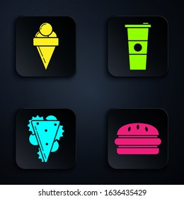 Set Burger, Ice cream in waffle cone, Sandwich and Paper glass and water. Black square button. Vector