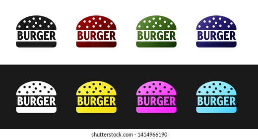 Set Burger icon isolated on black and white background. Hamburger icon. Cheeseburger sandwich sign. Vector Illustration