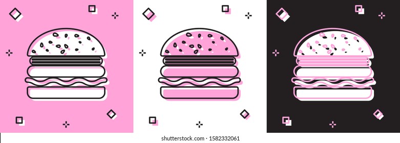 Set Burger icon isolated on pink and white, black background. Hamburger icon. Cheeseburger sandwich sign.  Vector Illustration