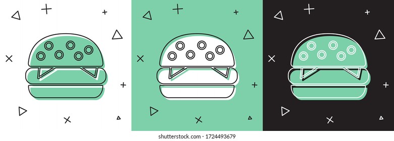 Establece el icono Burger aislado en fondo blanco y verde, negro. Icono de Hamburguesa. Signo de sándwich de hamburguesa de queso. Menú de comida rápida.  Ilustración vectorial