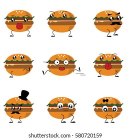 Set of burger icons, smiling faces, symbol, emoji, emoticons, vector illustration.