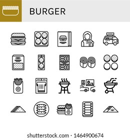 Set of burger icons such as Minced meat, Cheeseburger, Burger, Lunchroom, Fast food, Semolina, Snack, Bun, Burger bun, French fries, Sandwich, Charcoal grill, Drive thru ,