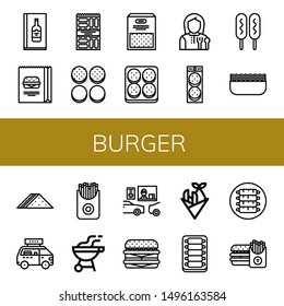 Set of burger icons such as Wine menu, Burger, Snack, Burger bun, Semolina, Lunchroom, Corn dog, Minced meat, Sandwich, Fast food, French fries, Bbq, Drive thru, Cheeseburger ,