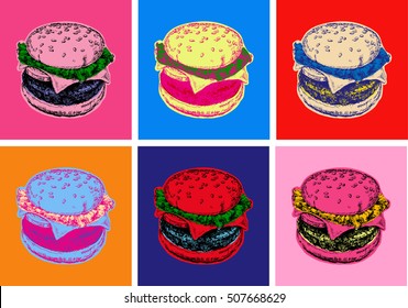 Set Burger Illustration Pop Art Style. Andy Warhol. Modern art