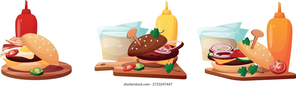 conjunto de ilustrações de hambúrguer, conjuntos de combo, molhos e decoração. Deliciosa, suculenta e enchendo a comida. Comida de rua, fast food. Suculentos, deliciosos hambúrgueres em um estilo de desenho animado.