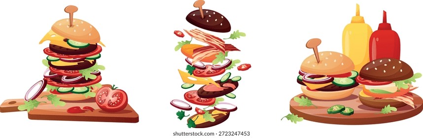 Burger-Illustrationen, Combo-Sets, Street Food, Fast Food, saftige, köstliche Burger im Cartoon-Stil