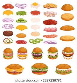 Conjunto de Ingredientes De Hambre Frescos Y Abundantes Verduras, Jugosa Patty De Carne, Lechuga De Crisp, Tomates Ripados, Queso Fundido, Pollos De Tangy Y Un Bollo De Semilla De Sésamo Suave. Ilustración de vectores de dibujos animados, iconos