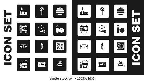 Set Burger, Juggling ball, Amusement park billboard, Bottles, Bowling pin and, Lollipop, map and Picnic table with chairs icon. Vector