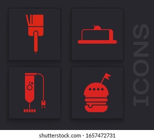 Set Burger , Kitchen brush , Strawberry cheesecake slice and Blender  icon. Vector