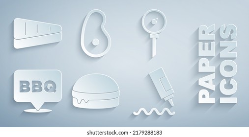 Set Burger, Kitchen thermometer, Barbecue, Sauce bottle, Steak meat and  icon. Vector