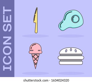 Set Burger, Knife, Ice cream in waffle cone and Scrambled eggs icon. Vector