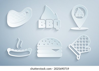 Set Burger, Location with barbecue, Hotdog sandwich, Oven glove, Barbecue fire flame and Steak meat icon. Vector
