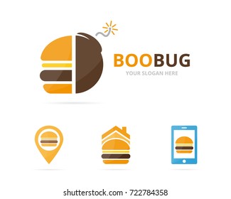 Set of burger logo combination. Hamburger and detonate symbol or icon. Unique fastfood and weapon logotype design template.
