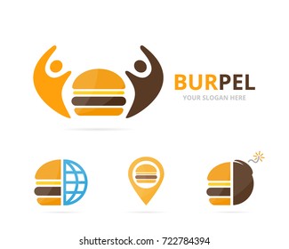 Set of burger logo combination. Hamburger and family symbol or icon. Unique fastfood and union, help, connect, team logotype design template.