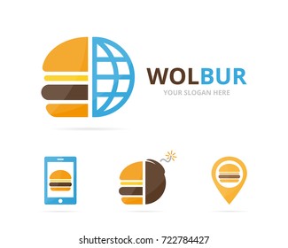 Set of burger logo combination. Hamburger and world symbol or icon. Unique fastfood and globe logotype design template.