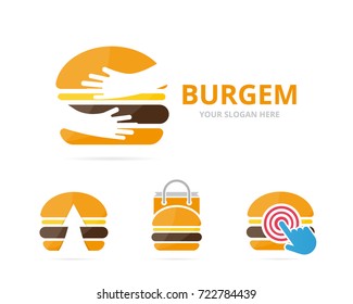 Set of burger logo combination. Hamburger and embrace symbol or icon. Unique fastfood and team, friendship logotype design template.