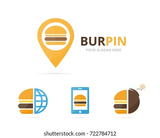 Set of burger logo combination. Hamburger and gps locator symbol or icon. Unique fastfood and pin logotype design template.