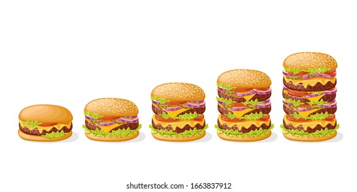 Set of burger with meat, cheese, sauce and vegetables. Vector illustration