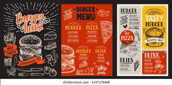 Set of burger menus for restaurant. Vector food flyer for bar and cafe. Design template with vintage hand-drawn illustrations.