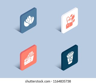 Set of Burger, Mint bag and Coffee-berry beans icons. Takeaway coffee sign. Cheeseburger, Mentha tea, Coffee beans. Hot latte drink.  3d isometric buttons. Flat design concept. Vector