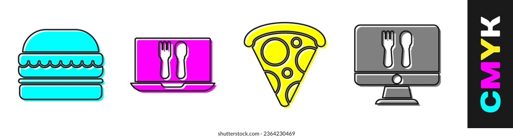 Set Burger, Online ordering and delivery, Slice of pizza and Online ordering and delivery icon. Vector