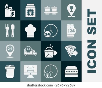 Set de hamburguesa, pedidos en línea de entrega de pizza, comida, taza de café para llevar, sombrero de chef, tenedor y cuchara, y el reloj de 24 horas icono. Vector