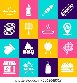 Set Burger, Oven glove, Location with barbecue, Grilled shish kebab, Barbecue steel grid, grill steak, Hotdog sandwich and  icon. Vector