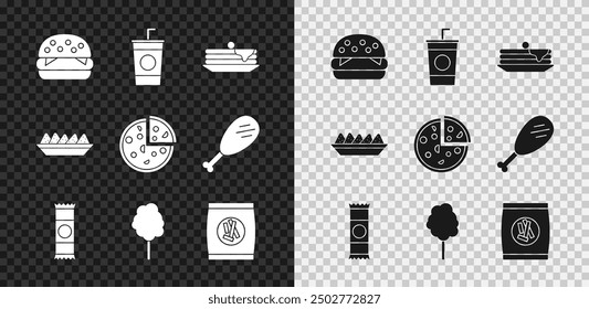 Set Burger, Paper glass with straw, Stack of pancakes, Chocolate bar, Cotton candy, Hard bread chucks crackers, Nachos in plate and Pizza icon. Vector