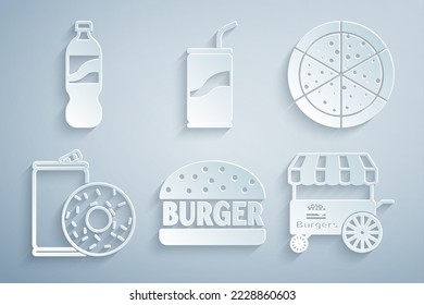 Set Burger, Pizza, Aluminum can soda and donut, Fast street food cart, Soda with drinking straw and Bottle of water icon. Vector