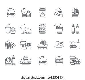 Set of burger Related Vector Line Icons. Includes such Icons as fast food, french fries, cocktail, cafe, menu, grilled chicken and more