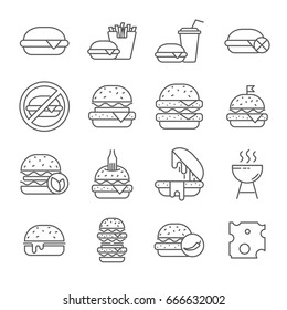 Set of burger Related Vector Line Icons. Contains such icon as cheeseburger, sandwich, steak, street food, cheese, sauces, grill, fast food, cafe