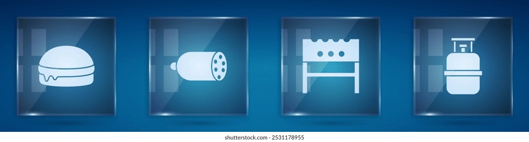 Set Burger, Salami sausage, BBQ brazier and Propane gas tank. Square glass panels. Vector
