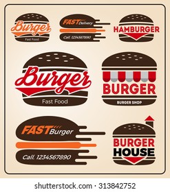 Set of burger shop icon logo design. For branding, sticker, decoration product, insignia, tags. Vector illustration