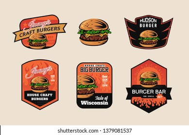 Conjunto de logotipos, emblemas y distintivos de la tienda de hamburguesas. Diseño de comida rápida.