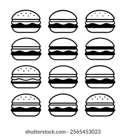 A set of burger silhouette line art vector illustration, buger, fast food, food, meal, burger icons, snack, delicious, hamburger